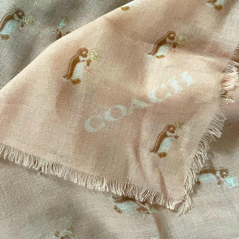 NWOT Coach Large Pink Scarf with Party Penguins